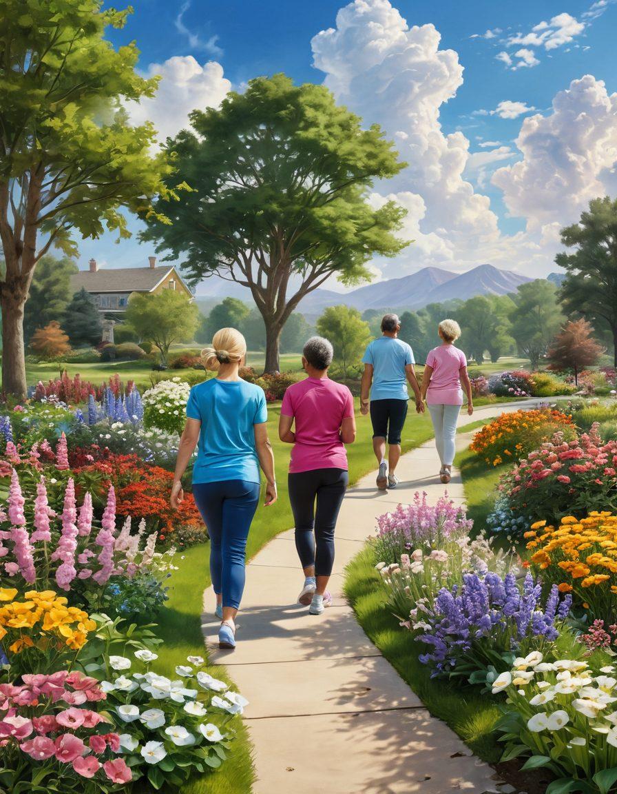 A serene landscape featuring a diverse group of people engaging in healthy lifestyle activities, such as walking, yoga, and gardening. Incorporate elements of nature to symbolize growth and healing, like blooming flowers and sunlight breaking through clouds. Include subtle symbols of cancer awareness, like a ribbon, integrated into the scenery. Convey a sense of hope and community support. vibrant colors. super-realistic.