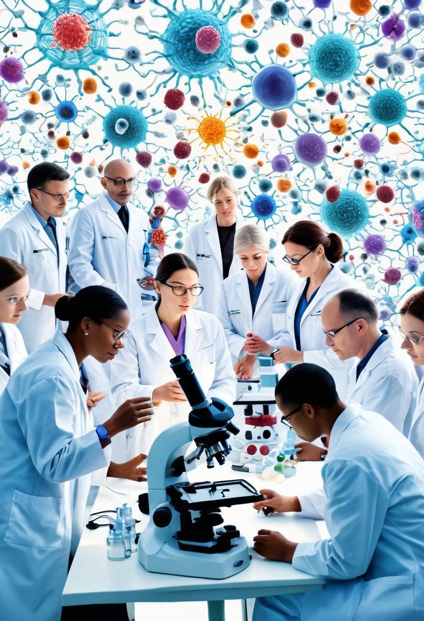 A dynamic and engaging collage illustrating revolutionary oncology breakthroughs. Include a diverse group of scientists in lab coats discussing innovative therapies, vibrant images of cancer cells under a microscope, and futuristic therapy equipment. Integrate clinical trial charts and molecular structures, symbolizing hope and progress. Soft light emphasizing a sense of discovery and innovation. super-realistic. vibrant colors. white background.